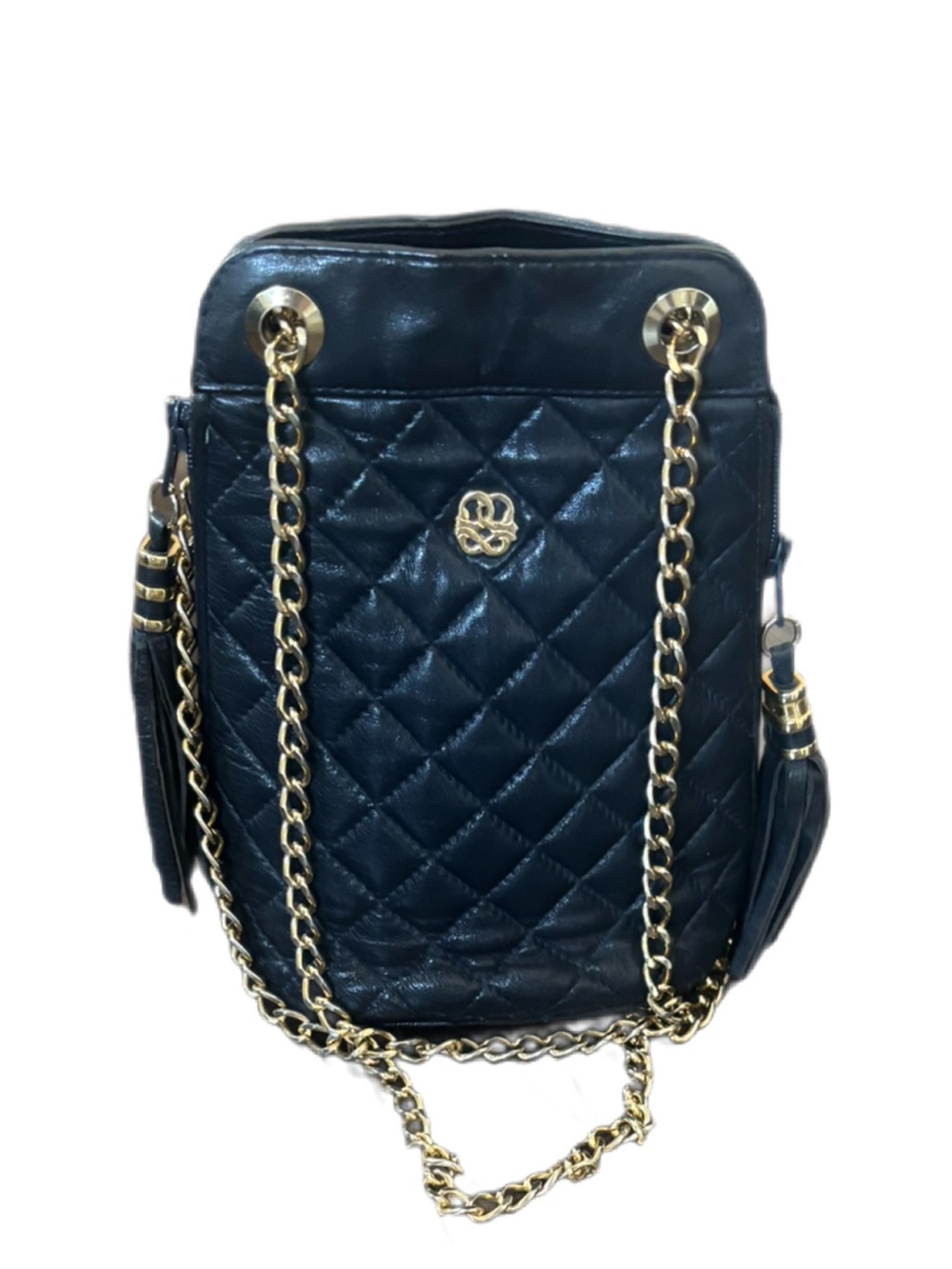 Vintage Navy Blue Italian Leather Quilted Bucket Bag Chain Strap